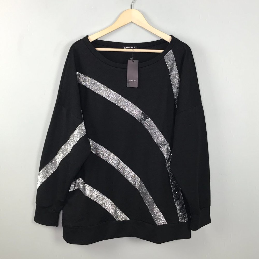 NWT Sheilay Shift Above Knee Black & Silver Sweatshirt Mini Dress | Size Medium